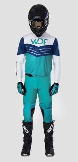 Front of Block MX gear set in teal and teal glory pants 