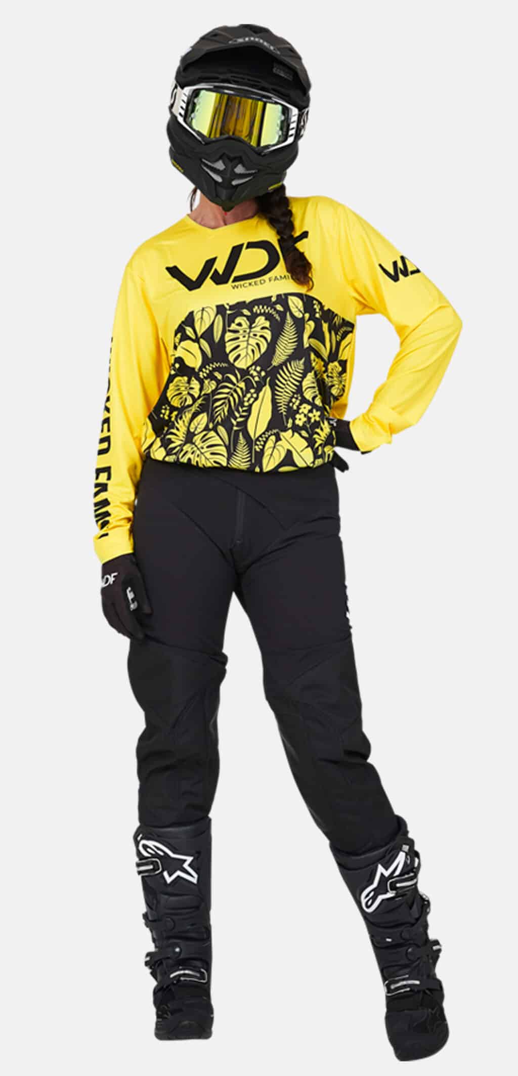 Action womens MX gear set in yellow on woman